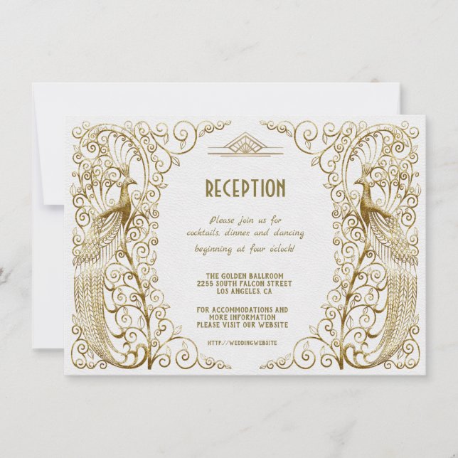 Invitation Réception de mariage Art Déco Paon Glam Blanc Or (Devant)