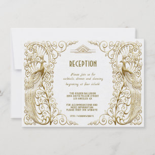 Invitation Réception de mariage Art Déco Paon Glam Blanc Or