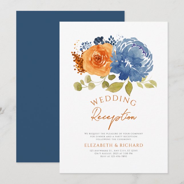 Invitation Réception de mariage automnal floral orange brûlé  (Devant / Derrière)