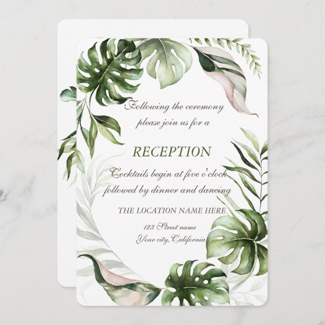 Invitation Réception de mariage aux feuilles tropicales à l'a (Devant / Derrière)