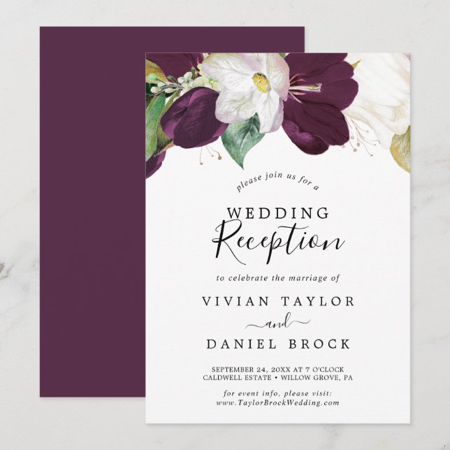 Invitation Réception de mariage aux floraisons violettes luna (Devant / Derrière)