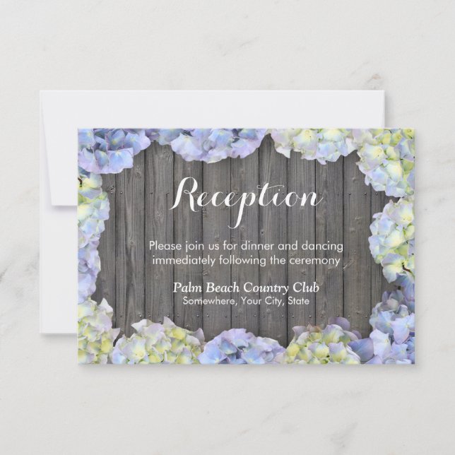 Invitation Réception de mariage aux hydrangeas avec bois de g (Devant)