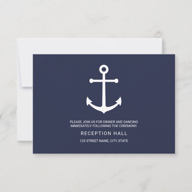 Invitation Réception de mariage avec ancre bleue marine nauti (Devant)