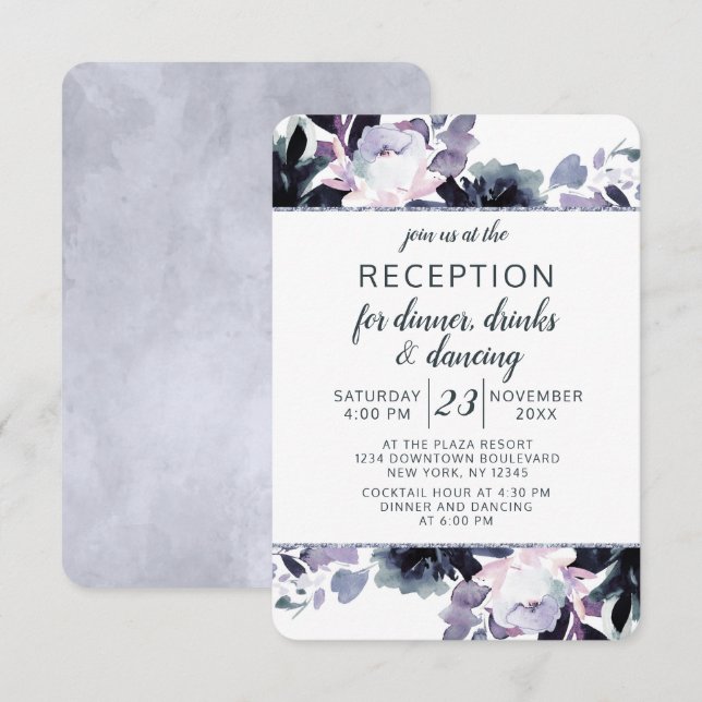 Invitation Réception de mariage avec cadre argenté et fleurs  (Devant / Derrière)