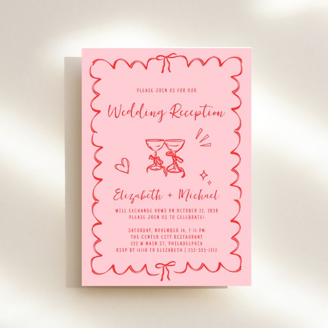 Invitation Réception de mariage avec cadre de mariage branché (Whimsical pink + red engagement party invitation to set the tone for an unforgettable event)