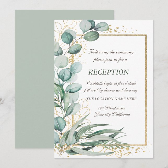Invitation Réception de mariage avec cadre doré et verdure d' (Devant / Derrière)