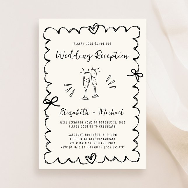 Invitation Réception de mariage avec cadre ondulé dessiné à l (Whimsical Hand Drawn Wavy Frame Wedding Reception Invitation)