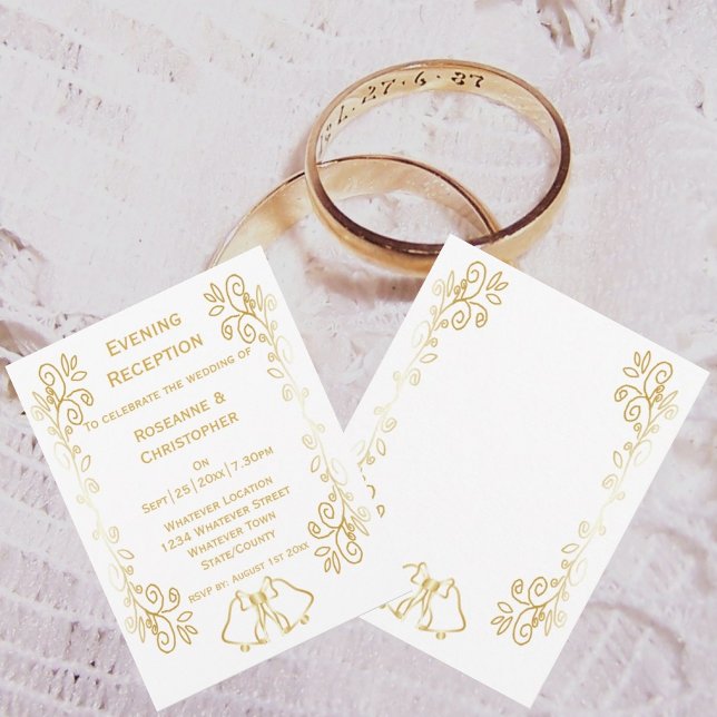 Invitation Réception de mariage avec clochettes dorées en vol (Gold bells scrollwork wedding reception invite)