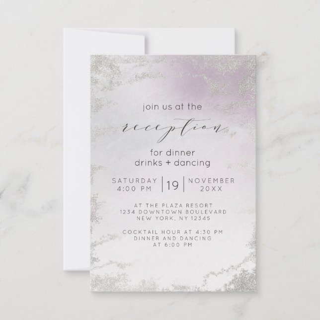 Invitation Réception de mariage avec feuille d'argent violet  (Devant)