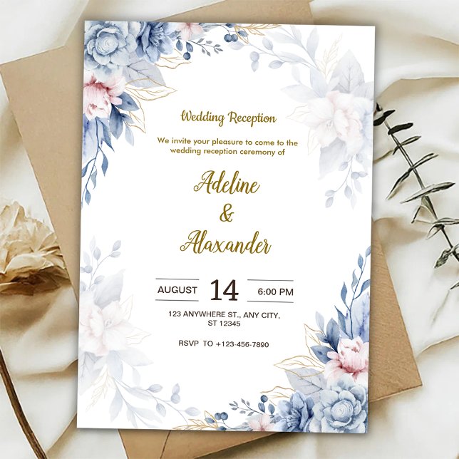 Invitation Réception de mariage avec fleurs bleues et dorées (Créateur téléchargé)