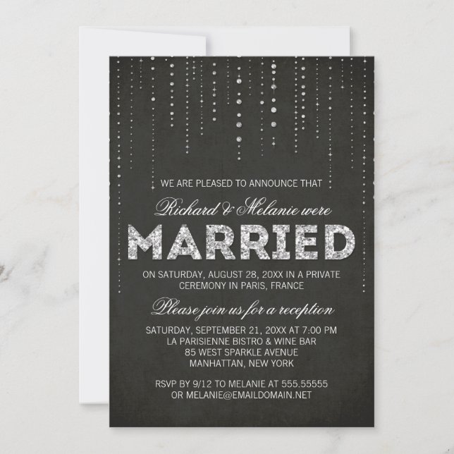Invitation Réception de mariage avec paillettes noires et arg (Devant)
