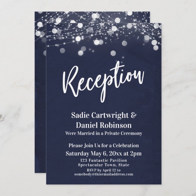Invitation Réception de mariage avec texture Navy et lumières (Devant / Derrière)