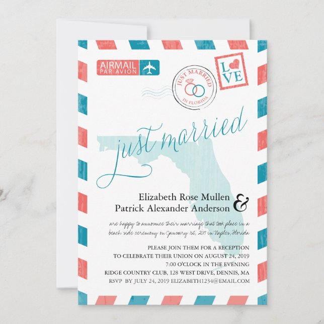 Invitation Réception de mariage avec timbres aériens anciens  (Devant)