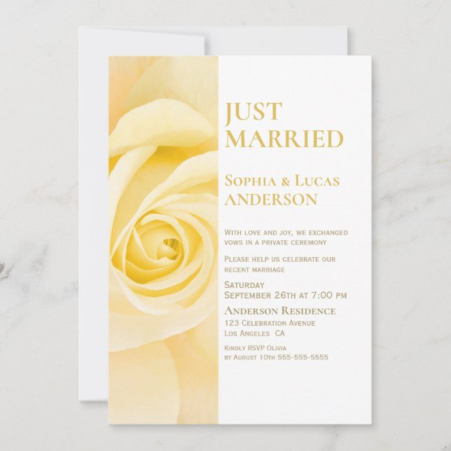 Invitation Réception de mariage avec une rose jaune mariée (Devant)