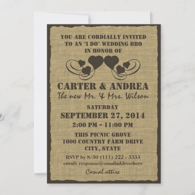 Invitation Réception de mariage BBQ Hearts and Burlap (Devant)