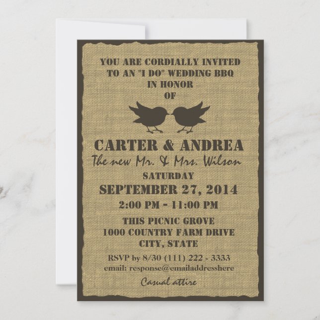 Invitation Réception de mariage BBQ Oiseaux et Toile de Jute (Devant)