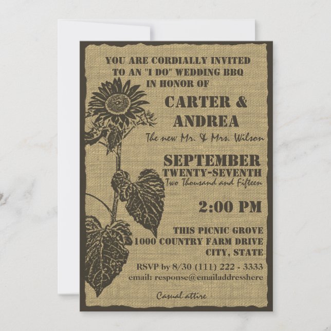Invitation Réception de mariage BBQ tournesol et toile de jut (Devant)