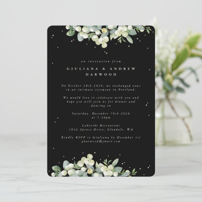 Invitation Réception de mariage Black Snowberry + Eucalyptus (Debout devant)