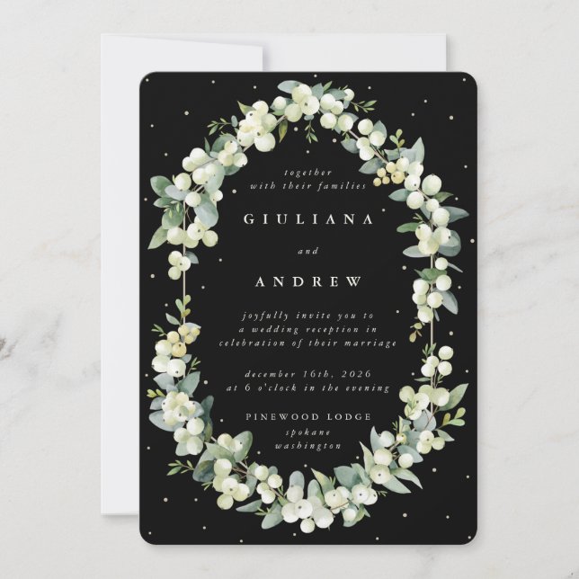 Invitation Réception de mariage Black Snowberry+Eucalyptus un (Devant)