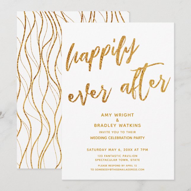Invitation Réception de mariage blanc avec or pour un bonheur (Devant / Derrière)