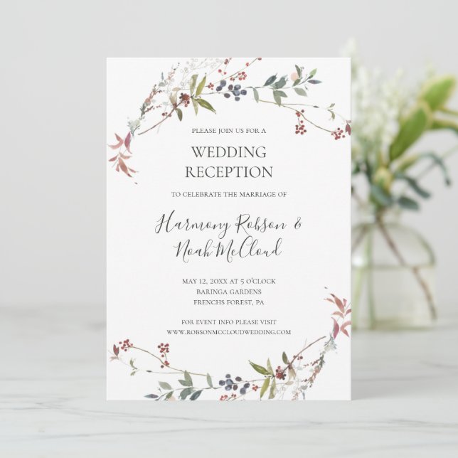Invitation Réception de mariage blanc chic botanique de fêtes (Debout devant)