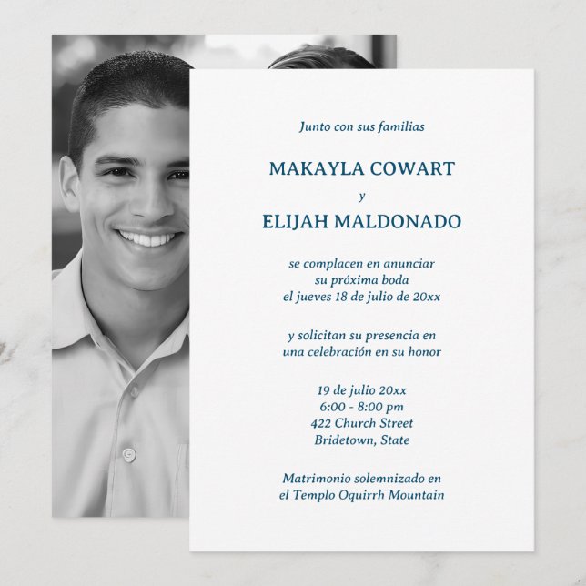 Invitation Réception de mariage bleu et blanc espagnol (Devant / Derrière)