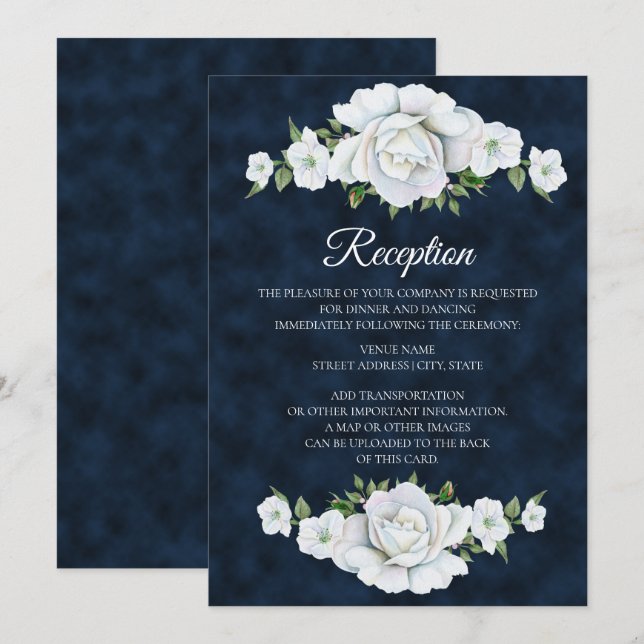 Invitation Réception de mariage bleu marine avec fleurs blanc (Devant / Derrière)