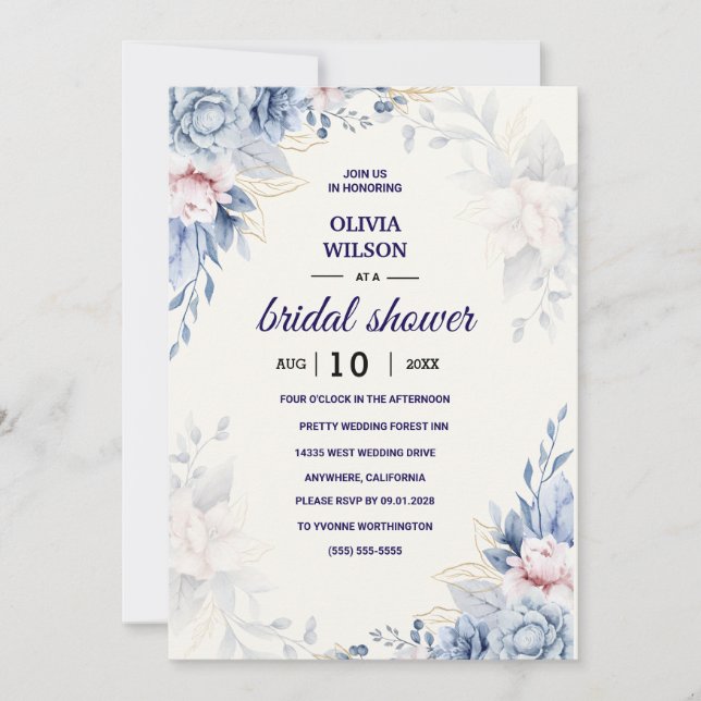 Invitation Reception de mariage bleu marine bordeaux or rose (Devant)
