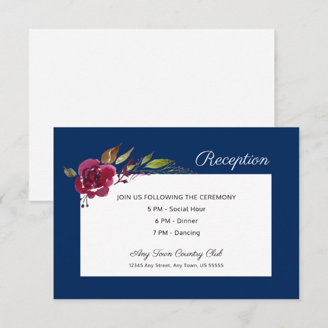 Invitation Réception de mariage bleu marine floral Bourgogne (Devant / Derrière)
