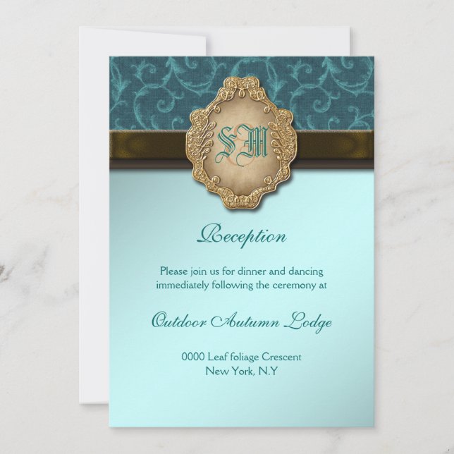 Invitation Réception de mariage bleu marron or dentelle (Devant)