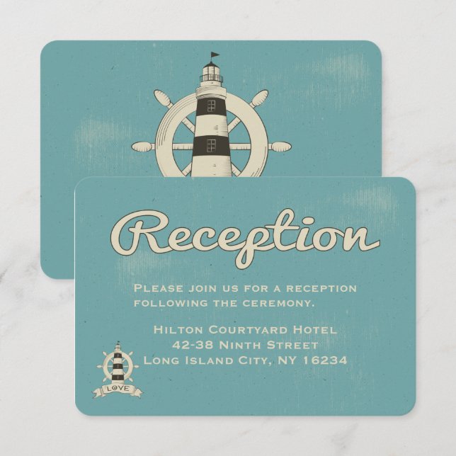Invitation Réception de mariage bleu nautique Phare (Devant / Derrière)