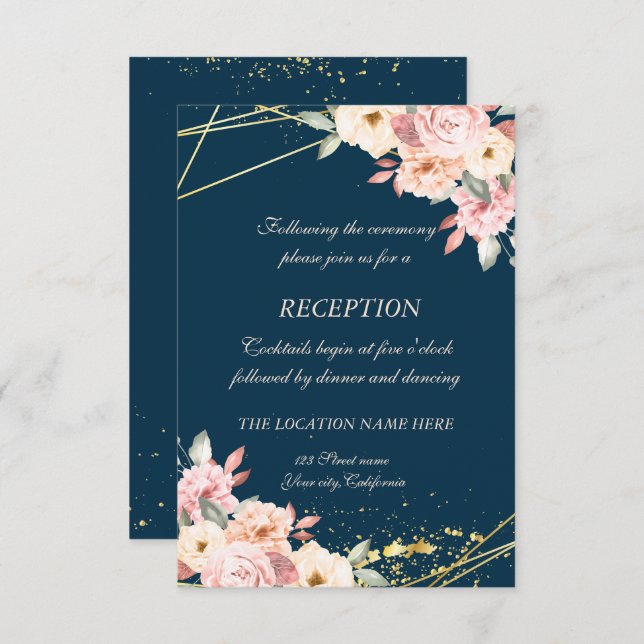 Invitation Réception de mariage Bleu Nuit Floral Rustique Or (Devant / Derrière)