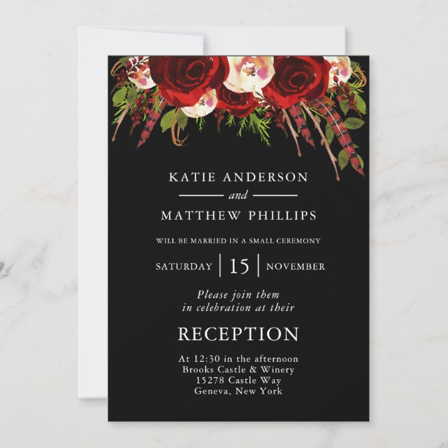 Invitation Réception de mariage bohème florale rouge noir (Devant)