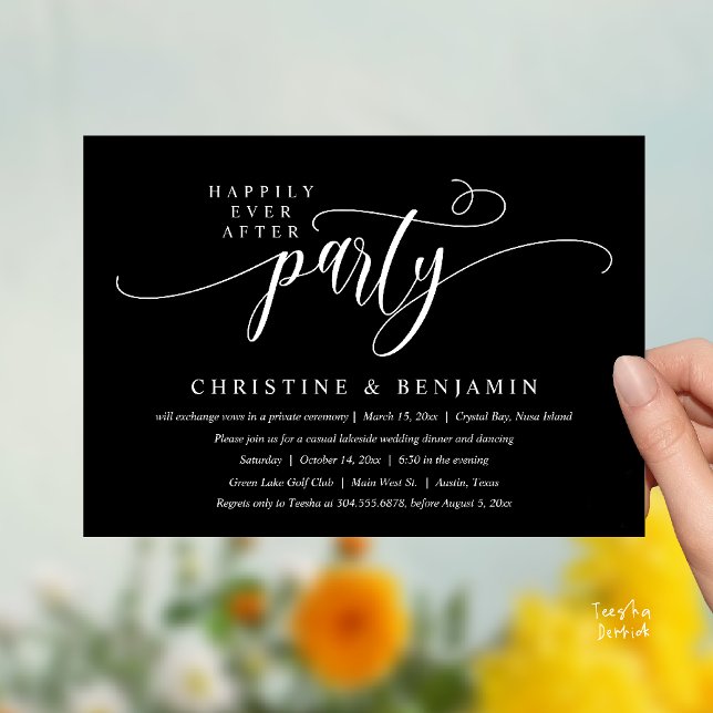 Invitation Réception de mariage Bohème Moderne Happily Ever A (Modern Boho Happily Ever After Reception Party Invitation card PDF in classy black white)