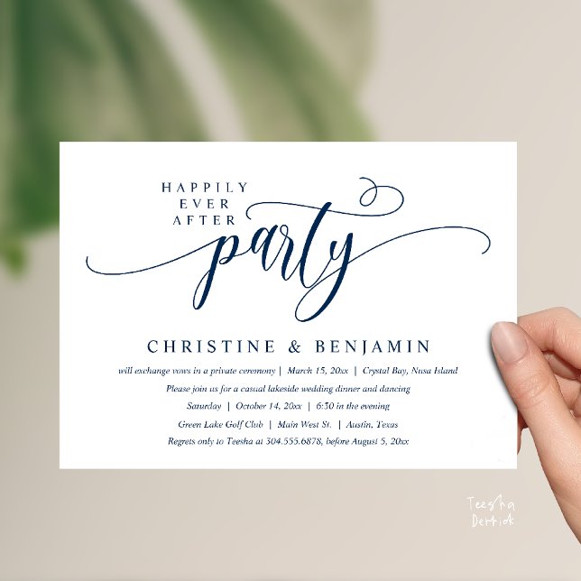 Invitation Réception de mariage bohème moderne pour un bonheu (Modern Boho Happily Ever After Reception Party Invitation card PDF in navy blue)