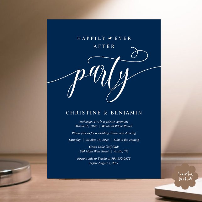 Invitation Réception de mariage bohème moderne pour un bonheu (Modern Boho Happily Ever After Reception Party Invitation card PDF in navy blue)