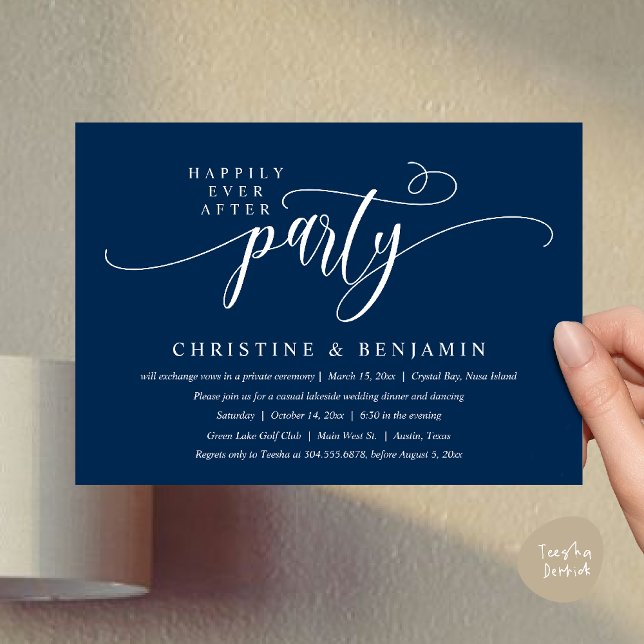 Invitation Réception de mariage bohème moderne pour un bonheu (Modern Boho Happily Ever After Reception Party Invitation card PDF in navy blue)