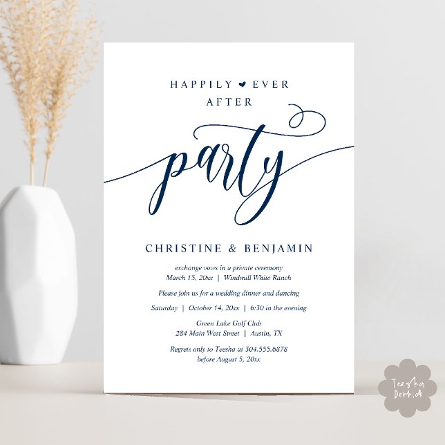 Invitation Réception de mariage Bohème Moderne pour une fin h (Modern Boho Happily Ever After Reception Party Invitation card PDF in navy blue)