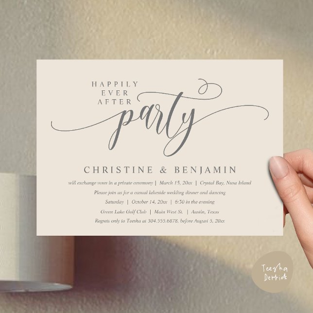 Invitation Réception de mariage Bohème Moderne pour une fin h (Modern Boho Happily Ever After Reception Party Invitation card PDF in classy cream grey)