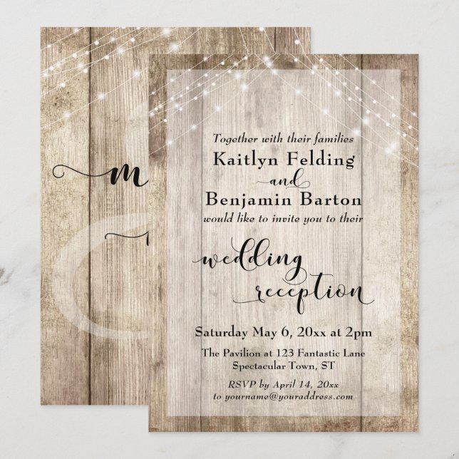 Invitation Réception de mariage Bois rustique et cordes lumin (Devant / Derrière)