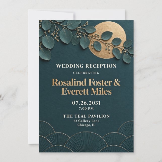 Invitation Réception de mariage botanique 3D or sarcelle de l (Devant)