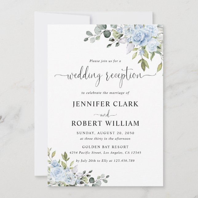 Invitation Réception de mariage botanique bleu doux (Devant)