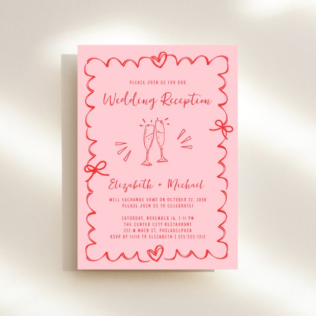 Invitation Réception de mariage branchée avec cadre rouge ros (Whimsical pink + red wedding reception invitation to set the tone for an unforgettable event)