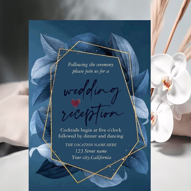 Invitation Réception de mariage Cadre Or Feuilles Bleues  (Créateur téléchargé)