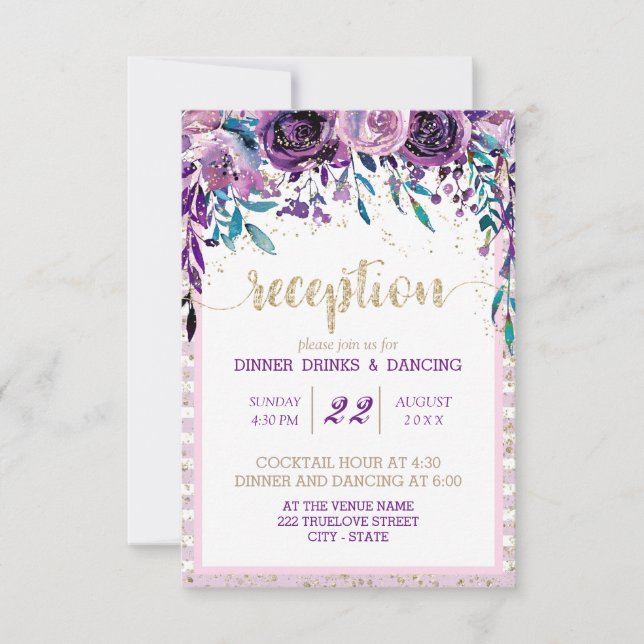 Invitation Réception de mariage Champagne Or Floral Pourpre (Devant)