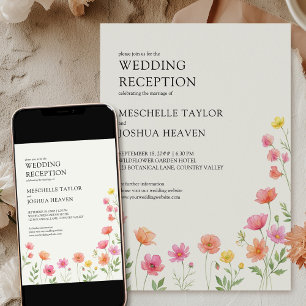 Invitation Réception de mariage champêtre Fleurs roses et ora