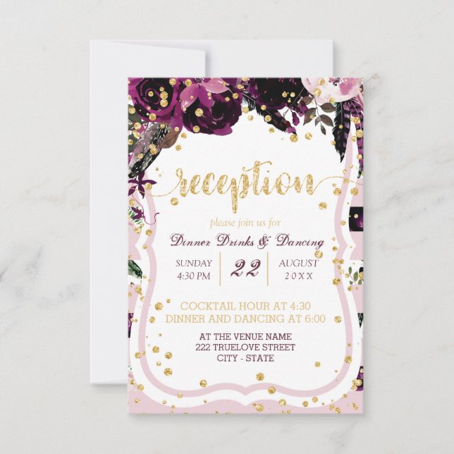 Invitation Réception de mariage chic confetti floral violet o (Devant)
