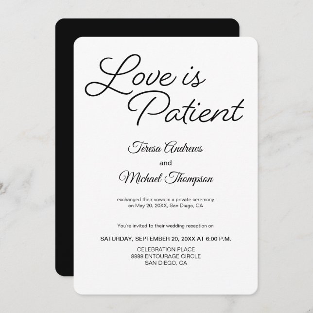 Invitation Réception de mariage Chic Love est Patient (Devant / Derrière)