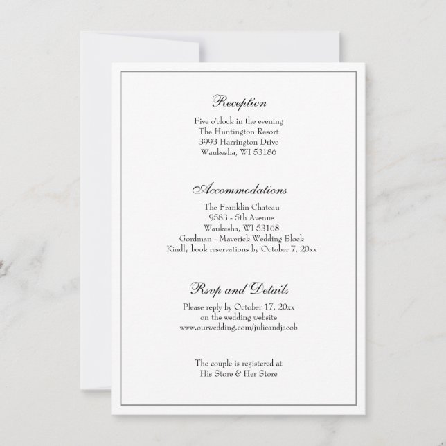 Invitation Réception de mariage classique élégant noir et bla (Devant)