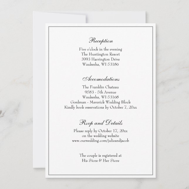 Invitation Réception de mariage classique élégant noir et bla (Devant)